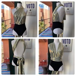 Discocore Gold Foil Halter Multi Way Tie Bodysuit XS S